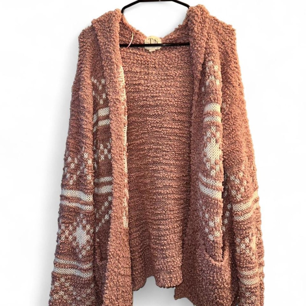 TS Twine and String Hooded Cardigan Sweater Geometric Pattern Pink‎ Size S